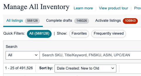 Amazon account showing approximately 500,000 active listings