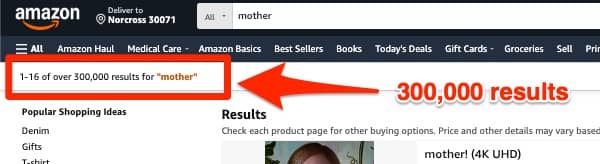 Amazon search results for mother showing over 300,000 results