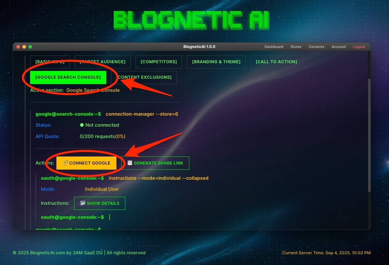 BlogneticAI Google Search Console tab