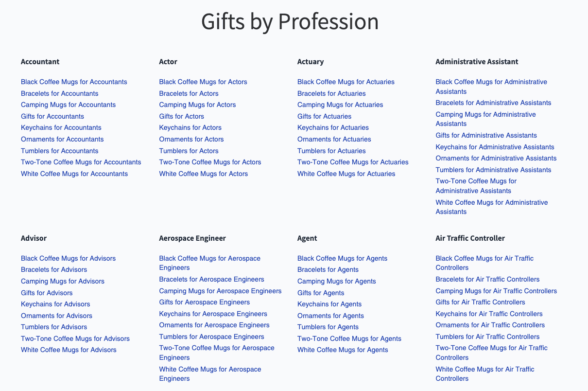 Hub pages example showing organized collection links