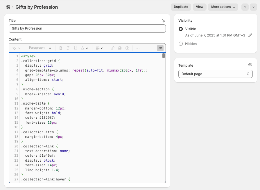Pasting HTML code into Shopify page