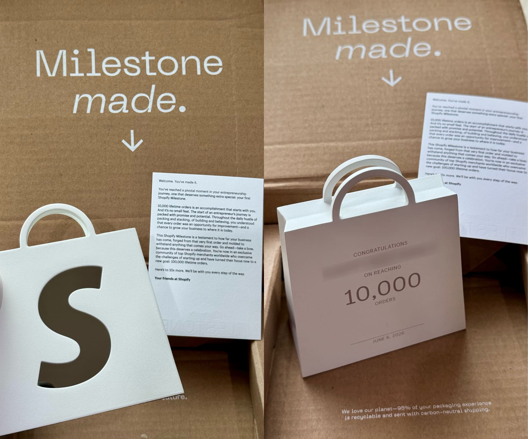 Shopify Milestone award package: a white Shopify shopping bag trophy congratulating the store on reaching 10,000 orders