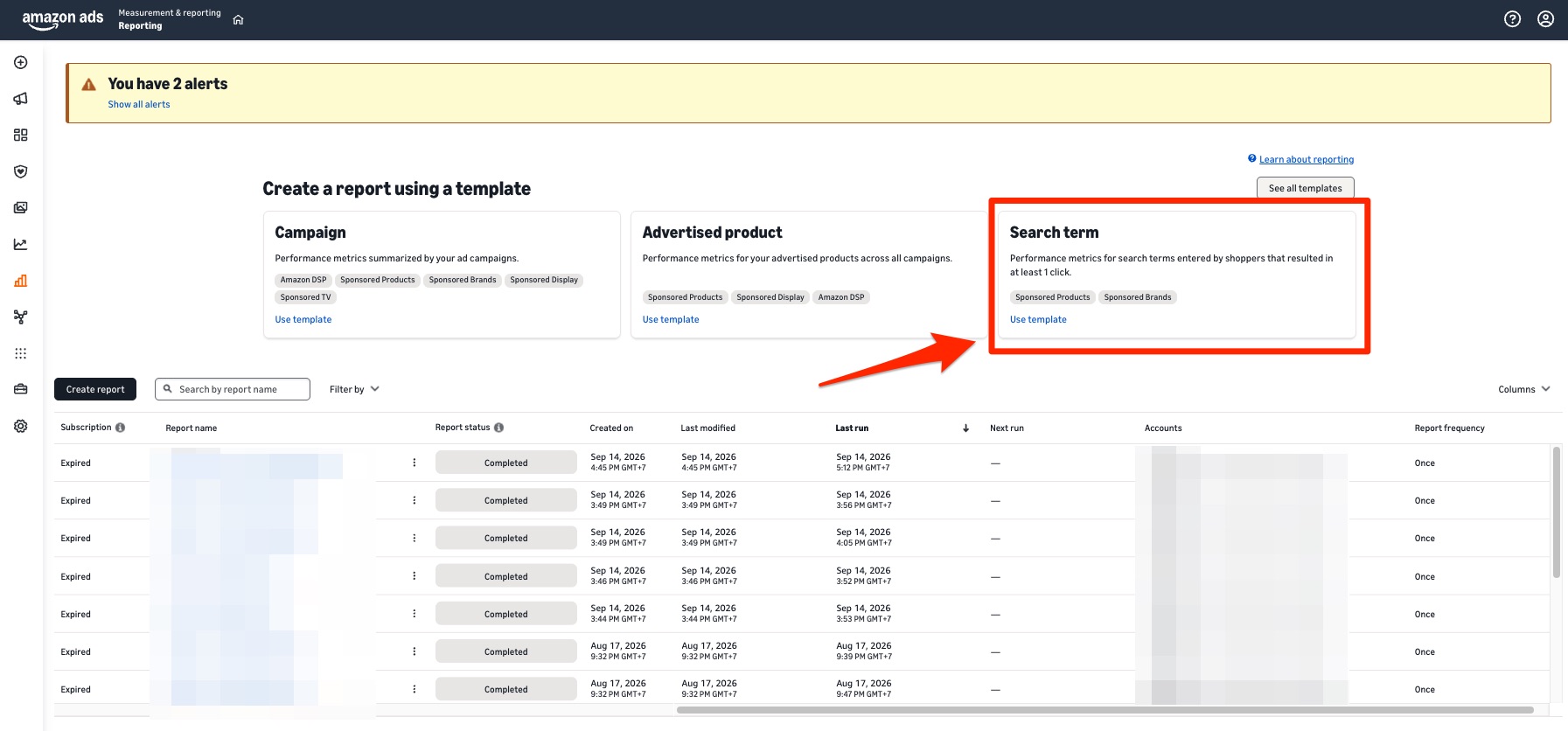 Amazon Ads reporting page with the Search term report template highlighted