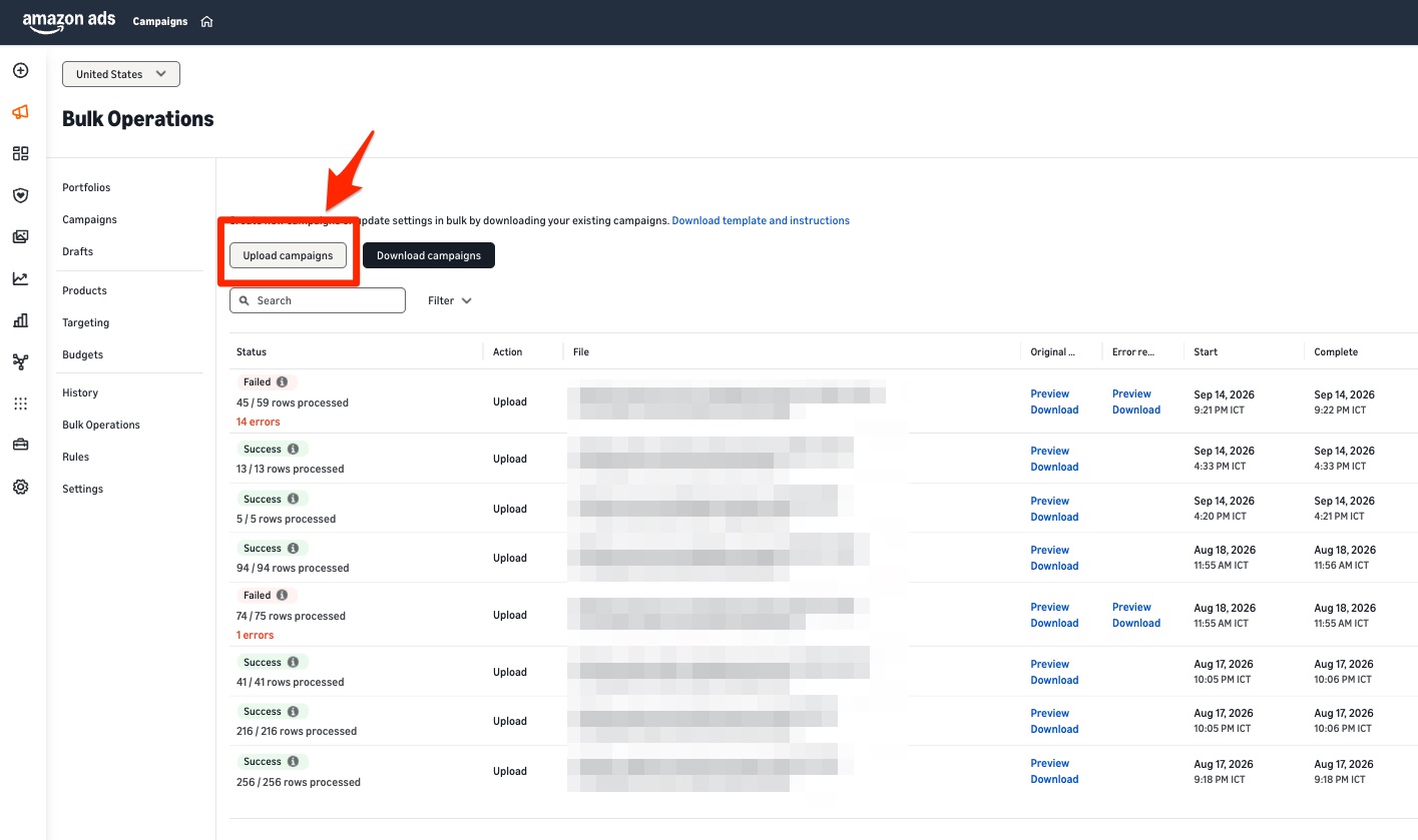 Amazon Ads Bulk Operations page with the Upload campaigns button highlighted